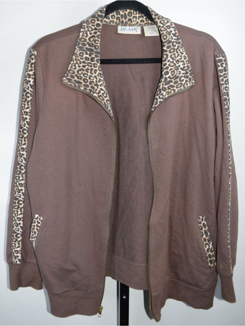 Blair Leopard Print Trim Zip Up Knit Jacket Brown Collared Long Sleeve Size L